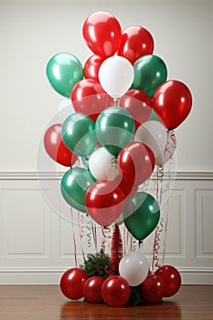 lassic red and green balloon display set against a snowy background.