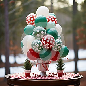 lassic red and green balloon display set against a snowy background.