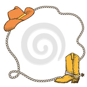 Lasso frame with Cowboy hat and cowboy boot and rope. Vector vintage illustration of Cowboy Ranch Concept isolated on white