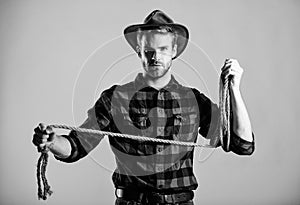 Lasso tool of American cowboy. Ranch occupations. Lasso is used in rodeos part competitive events. Lasso can be tied or