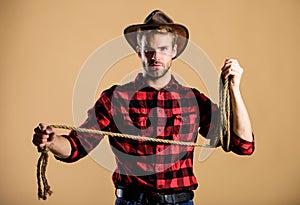 Lasso tool of American cowboy. Ranch occupations. Lasso is used in rodeos part competitive events. Lasso can be tied or photo