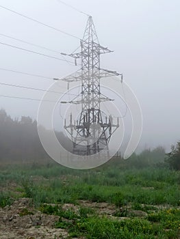 The last electric transmission tower at the edge of the forest. Electric wires do not continue further, power supply is