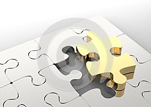 Last golden puzzle piece to complete a jigsaw. . Concept of business solution