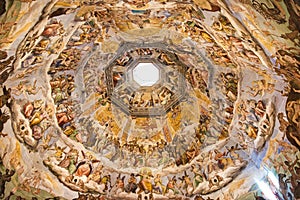 The Last Judgement. Basilica di Santa Maria del Fiore, Duomo, Florence, Italy. Painting in Firenze cathedral. Painting inside of