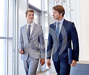 Last minute finalisations before their meeting. A cropped image of two businessmen walking and talking.