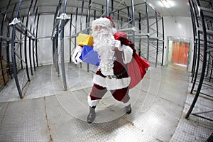 Last minute Santa Claus leaving empty storehouse