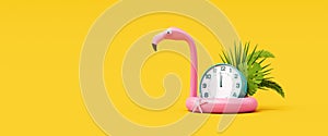 Last minute summer travel concept. Inflatable pink flamingo with clock 3D render