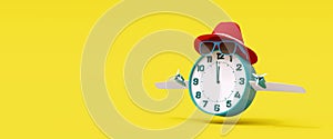 Last minute summer travel concept on yellow background. Summer travel clock with wings will take off. 3D Render