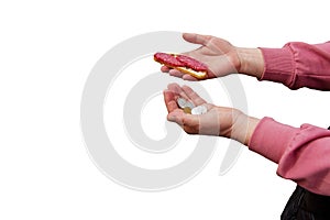 Last money for groceries. Coins in the hand of a middle-aged woman. The concept of the world food crisis associated with the war