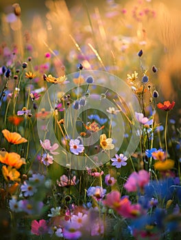 The last rays of the setting sun gently illuminate a field of wildflowers, highlighting their softness against the dusk