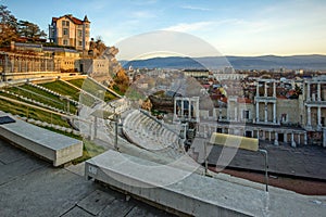 Last Rays of sun over Ancient Roman theatre in city of Plovdiv