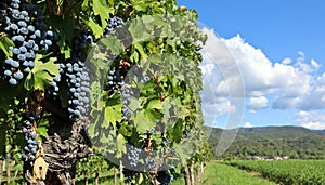 Last row of a vineyard of merlot grapes with landscape on the right.