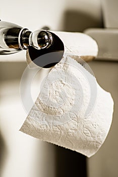The last sheet bathroom tissue toilet paper hanging off roll