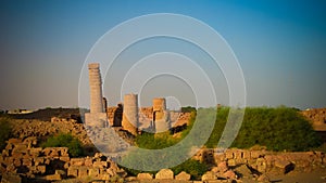 Last standing pillars of Napata`s temple of Amun at the foot of Jebel Barkal mountain, Karima, Sudan