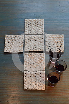 The Last Supper with bread in cross-shape and wine