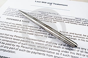 Last will and testament document with pen