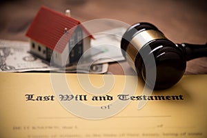 Last will and testament form with gavel. Decision, financial