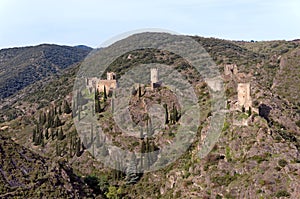 Lastours castles in cathar mountain photo