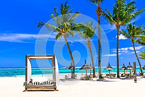 Lasy tropical holidays. white sandy beach in Mauritius island