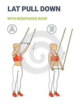 Lat Pulldown Fitness Exercise with Thin Resistance Band Guidance. Woman Exercise with Rubber Loop.