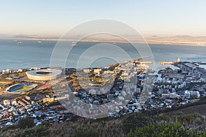 Late afternoon view of Green Point Stadium and Cape Town harbour