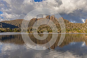 a late afternoon view of mt geryon reflected in lake elysia at the labyrinth in cradle mountain-lake st clair national