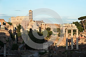 Late afternoon view over the Roman Forum from the Capitoline Hill. In the bottom right is the Temple of Castor and Pollux, while