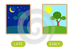 Late and early antonyms word card flat vector template. Flashcard for english language learning. Opposites concept.