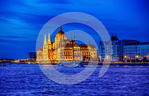 Late evening illumination of hungarian parliament in budapest