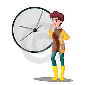 Late, Girl Fright Looking At The Clock Vector. Isolated Illustration