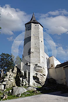 Late Gothic castle RoÅ¡tejn, on a rocky hill at an altitude of 677 m above sea level