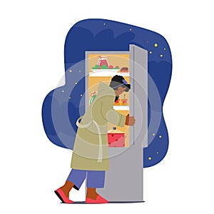 Late-night Fridge Raiding. Female Character Opens The Fridge In Search Of A Midnight Snack, Seeking Comfort