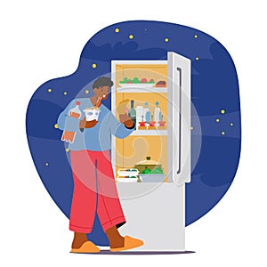 Late-night Snacking Concept. Male Character Opens The Fridge Seeking Sustenance In The Darkness, Vector Illustration