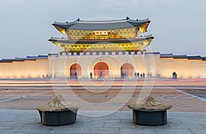 Late night traffic blurs past Gyeongbokgung Palace in Seoul,South Korea