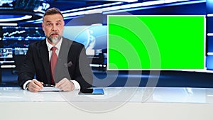 Late Night TV Talk Show Live News Program: Anchorman Presenter Reporting, Uses Green Screen Template