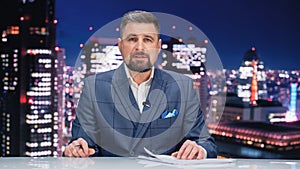 Late Night TV Talk Show Live News Program: Charismatic Male Anchor Presenter Reporting. Television