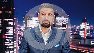 Late Night TV Talk Show Live News Program: Charismatic Male Anchor Presenter Reporting. Television