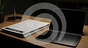 Late Night Work Desk with Laptop and Stack of Business Documents