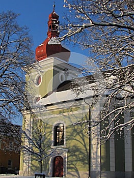 The late Renaissance church of St. Lawrence in winter, Sec, Eastern Bohemia, Iron Mountains, Zelezne hory.