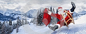 Late Santa claus in a hurry on sleigh sled with traditional red white costume and big gift bag in front of white snow winter