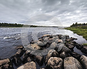 Late summer landscape. Torne river, Kukkolaforsen, Sweden