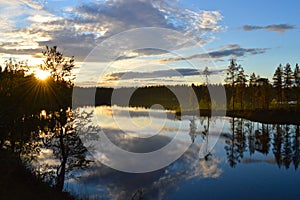 Late summers evening in Finland. Sunset on the lake, HaltiajÃÂ¤rvi, Salla.