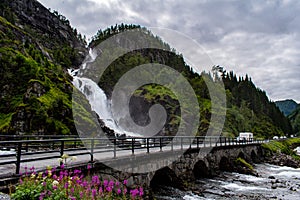Latefossen - one of the biggest waterfalls in Norway, with near stone bridge