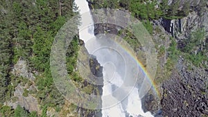 Latefossen - rapid waterfall in Norway. Aerial view, summer time.