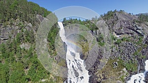 Latefossen - rapid waterfall in Norway. Aerial view, summer time.