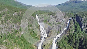 Latefossen - rapid waterfall in Norway. Aerial view, summer time.