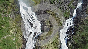 Latefossen - rapid waterfall in Norway. Aerial view, summer time.. Latefoss is a powerful, twin waterfall, famous