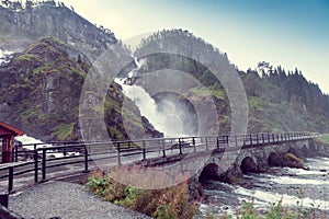 Latefossen waterfall in Norway and bridge