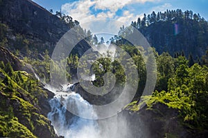 Latefossen Waterfall Odda Norway. Latefoss is a powerful, twin waterfall