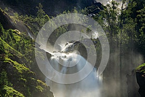 Latefossen Waterfall Odda Norway. Latefoss is a powerful, twin waterfall